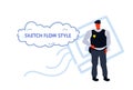 Police man in uniform male policeman cop security guard cartoon character full length sketch flow style horizontal