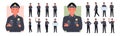 Police man and woman, guard poses set, young people in cop uniform working in patrol