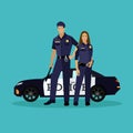 Police man and woman stay next to car. Concept vector illustration in flat style. Officer uniform