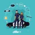 Police man and woman stay next to car. Concept vector illustration flat style. Officer in uniform.