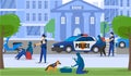 Police men security and bank crime stickup, policeman caught criminals near bank building cartoon vector illustration.