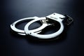 Police metal handcuffs on black background, crime fighting concept, selective focus