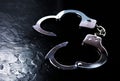 Police metal real handcuffs on the black background. Crime and robbery, prison concept