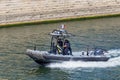 PARIS, FRANCE - JUNE 23, 2017: Police motor boat on the Seine river in the center of Paris Royalty Free Stock Photo