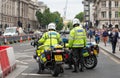 Police motorcycle officers on stand-by at road block outside Parliament Square, London,UK.