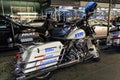 Police motorcycles of the New York Police Department at night. NYPD is the largest municipal police force in the United States