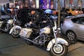 Police motorcycles of the New York Police Department at night. NYPD is the largest municipal police force in the United States