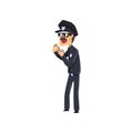 Police officer in blue uniform and sunglasses eating donut, policeman cartoon character vector Illustration on a white Royalty Free Stock Photo