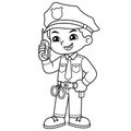 Police Officer Boy Checking Information With Walky Talky BW Royalty Free Stock Photo