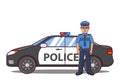 Police officer cartoon character. Police car side view.