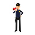 Police officer character in a blue uniform shouting using megaphone colorful Illustration