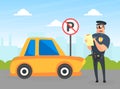 Police Officer Character Stand near Yellow Car Writing Fine, Male Traffic Inspector Safety Control Vector Illustration