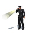 Police officer checks with flashlight on white background