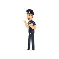 Police officer drinking coffee and eating donut while standing, policeman cartoon character vector Illustration on a