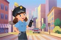 Police officer happy girl working on city street, kid policeman managing road car traffic