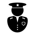 Police Officer Icon. Black and white illustration pictogram icon depicting uniformed law enforcement officer with hat and badge. Royalty Free Stock Photo