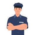 Police officer. Man in form of policing. Police man in bodybuilder shirt. Strong guardian of law in CAP and with police baton Royalty Free Stock Photo