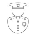 Police Officer Outline Icon. Black and white illustration pictogram icon depicting uniformed law enforcement officer with hat and Royalty Free Stock Photo