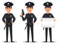 Police officer, policeman. Set of cartoon character cop angry, with a gun and with placard