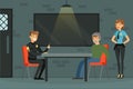 Police Officer Questioning Man Criminal in Prison Sitting at Table Vector Illustration