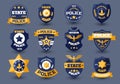 Police officer seal. Policeman badges and sheriff emblems with star and shield, law enforcement insignia flat style