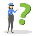 Police officer stand at the question mark. Female guard