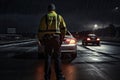 Police officer standing in front of car on highway at night with rain, rear view Highway patrol worker checking the car in an Royalty Free Stock Photo