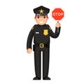 Police officer stop sign policeman law justice cop crime protection cartoon flat design character isolated vector Royalty Free Stock Photo