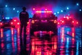 A police officer surveys a rain-slicked street, emergency lights reflecting on the shimmering asphalt. The scene Royalty Free Stock Photo