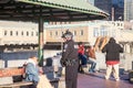 Police officer talking to homeless person Royalty Free Stock Photo