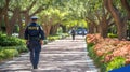 Police Officer Walking on a Sunlit Tree Lined Path Royalty Free Stock Photo