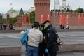 Police officers check pass from citizen on Moscow street during coronavirus pandemic