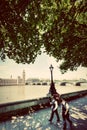 Police officers opposite to Big Ben in London UK. Vintage retro style. Royalty Free Stock Photo