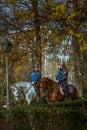 Police officers riding on horseback through a scenic park featuring lush greenery, trees