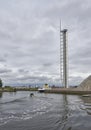 A Police Patrol Boat passes in front of the Glasgow Tower at Pacific Quay in Glasgow.