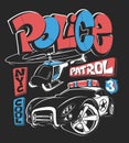 Police patrol car with helicopter, vector shirt print illustration