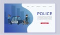 Police patrol concept with cops and guard dog near police car in city vector web template. Caucasian policeman and