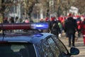 police patrol during the demonstration with many rioters at public urban park