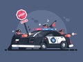 Police patrol fires from behind car Royalty Free Stock Photo