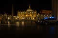 Rome, Italy - May 31, 2018: Police patrol guards St. Peter`s Square and the St. Peter`s Basilica at night