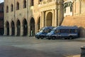 Police patrolling piazza Maggiore, Bologna. Italy. Phase 3 Coronavirus after quarantine with social distancing