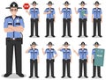 Police people concept. Detailed illustration of american policeman, sheriff standing in different positions in flat