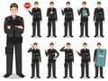 Police people concept. Detailed illustration of american policeman, sheriff, SWAT officer standing in different poses in flat