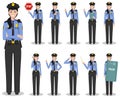 Police people concept. Detailed illustration of american policewoman standing in different positions in flat style