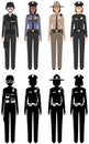 Police people concept. Set of different detailed illustration and silhouettes of SWAT officer, policeman, policewoman Royalty Free Stock Photo