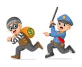 The police is pursue catch the thief holding bag money Royalty Free Stock Photo