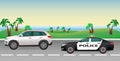 Police pursuit on a road. Police job concept. Police car with flashing lights pursues the offender.