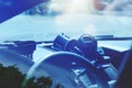 Police radar inside of police car. Patrol monitors traffic on a Royalty Free Stock Photo