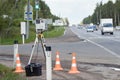 Mobile speed camera device standing on highway in Russia Royalty Free Stock Photo