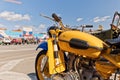 Police retro motorcycle URAL Soviet times painted in yellow-blue color